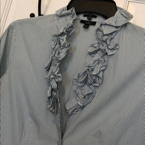 White and Blue Pinstriped Blouse with Rouched Neck